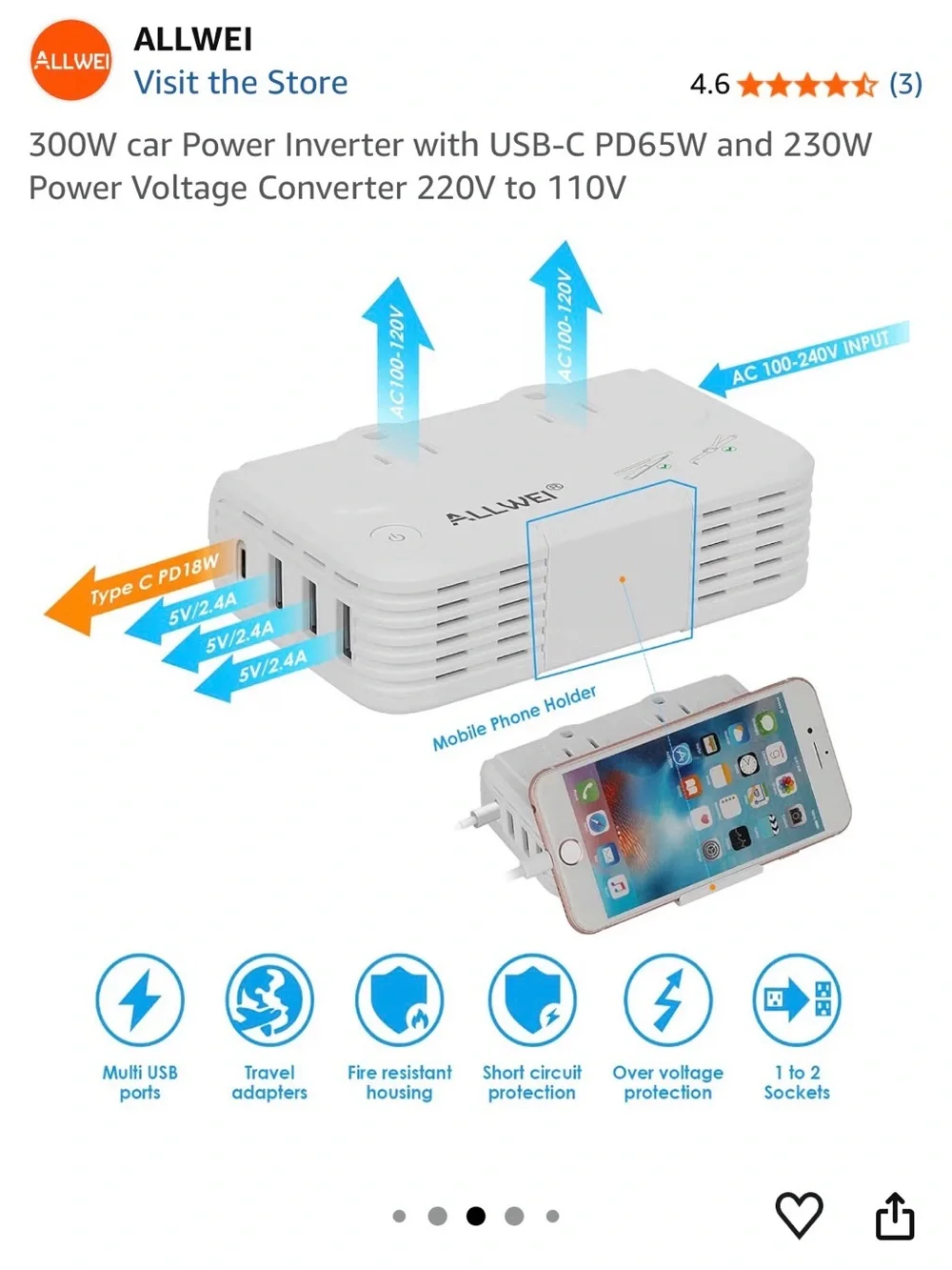 300W White Travel Power Charger  with USB-C PD65W & 230W Converter